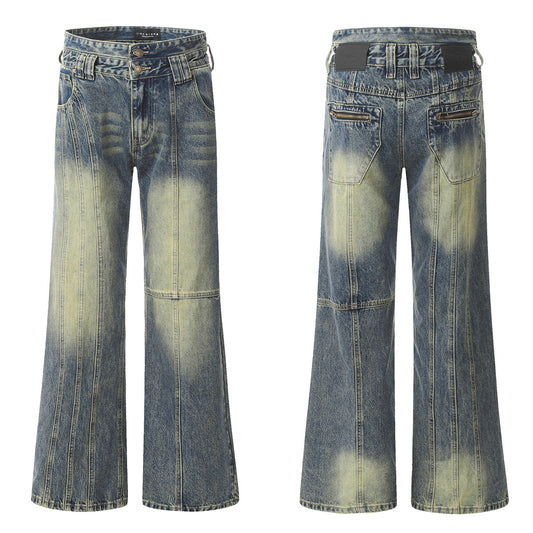 Retro Worn Looking Washed-out Jeans Deconstructed Stitching Design Loose All-match