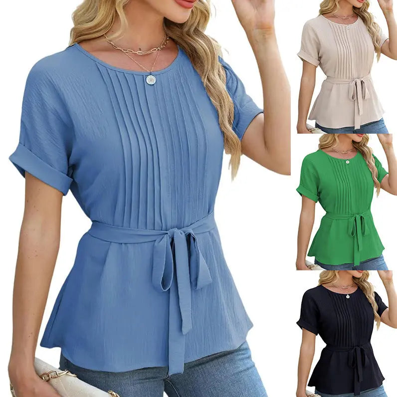Casual Shirt Ruffled Pleated Round Neck Short Sleeve Top Nipaaj