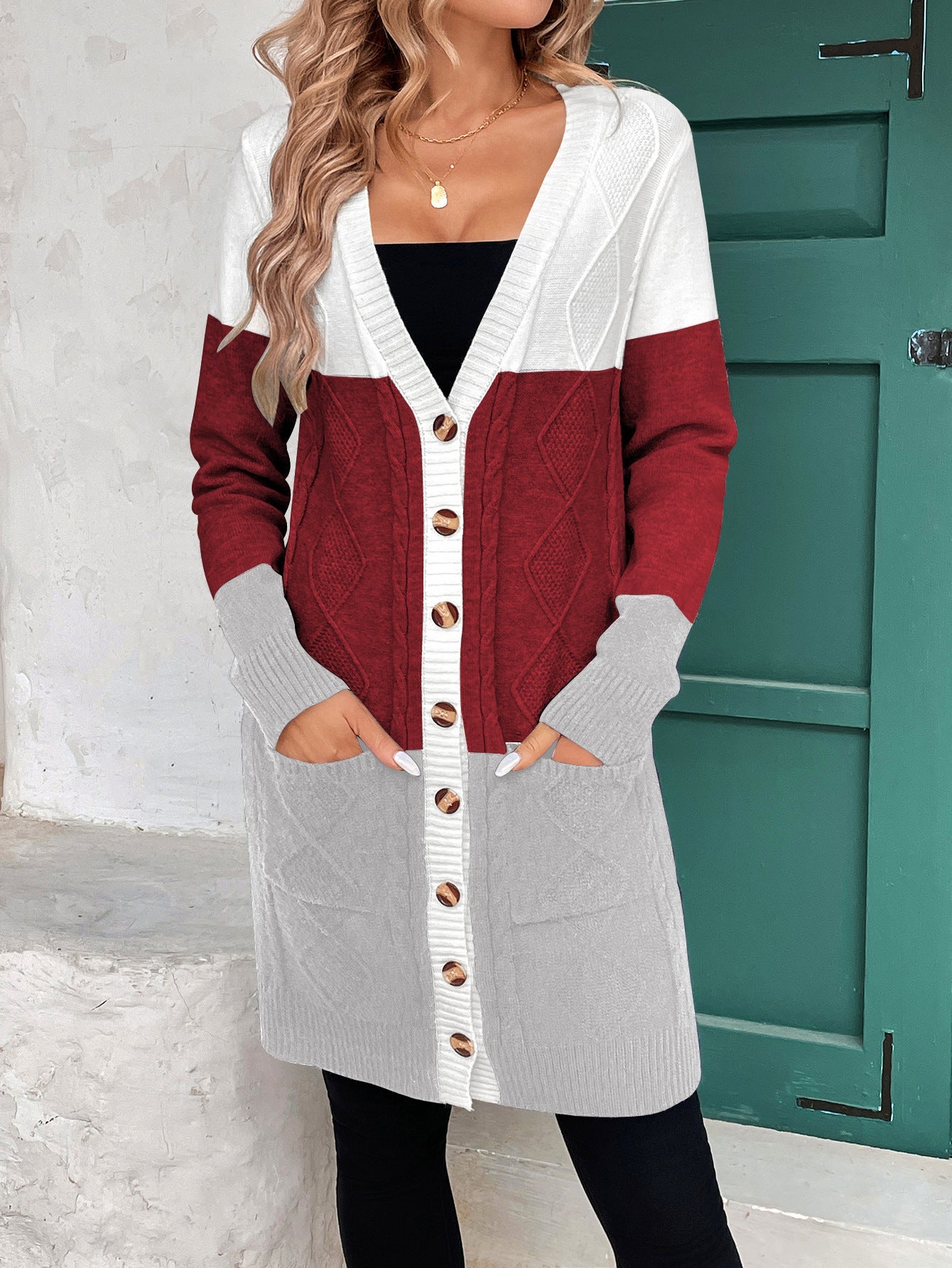 Thread Contrast Color Mid-length Simple Style V-neck Coat null