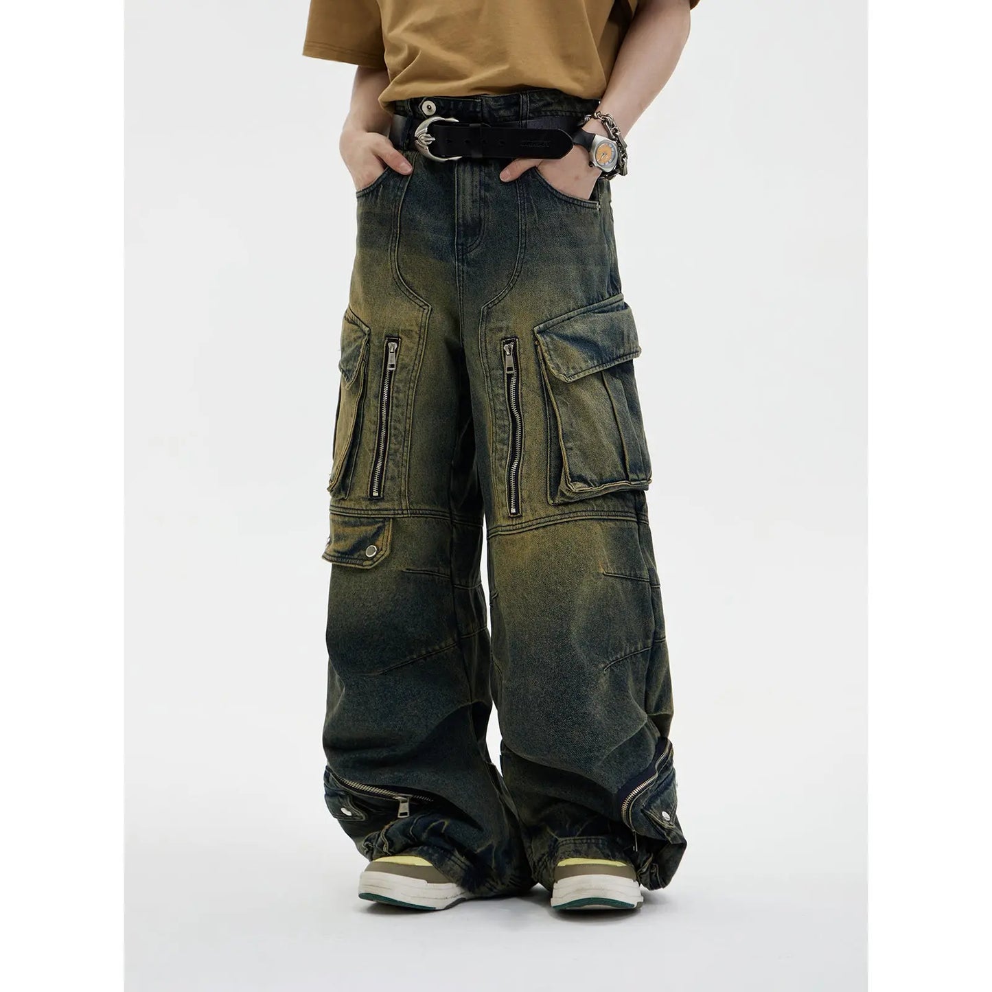 Design Retro Work Style Multi Pocket Jeans Nipaaj