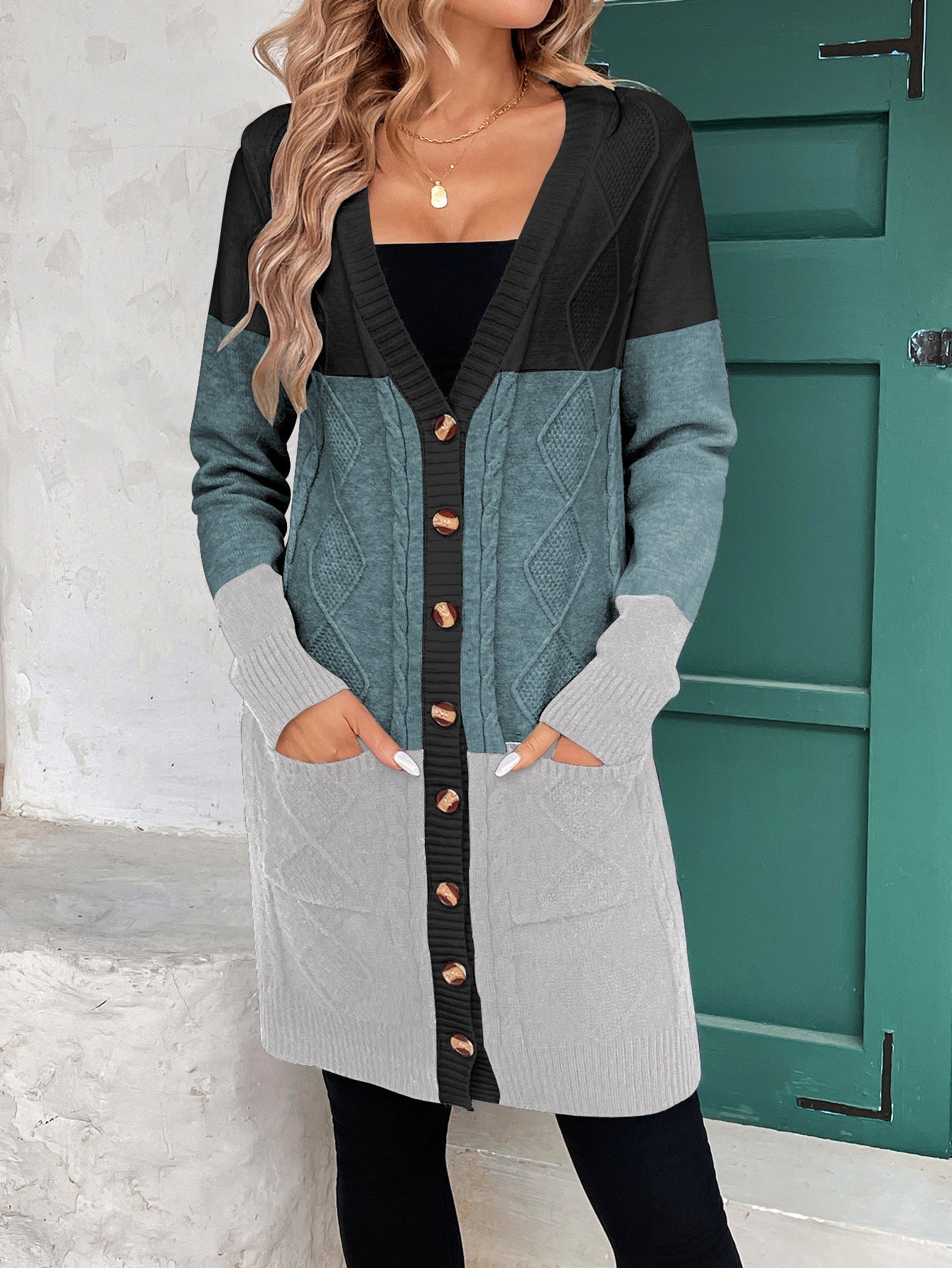 Thread Contrast Color Mid-length Simple Style V-neck Coat null