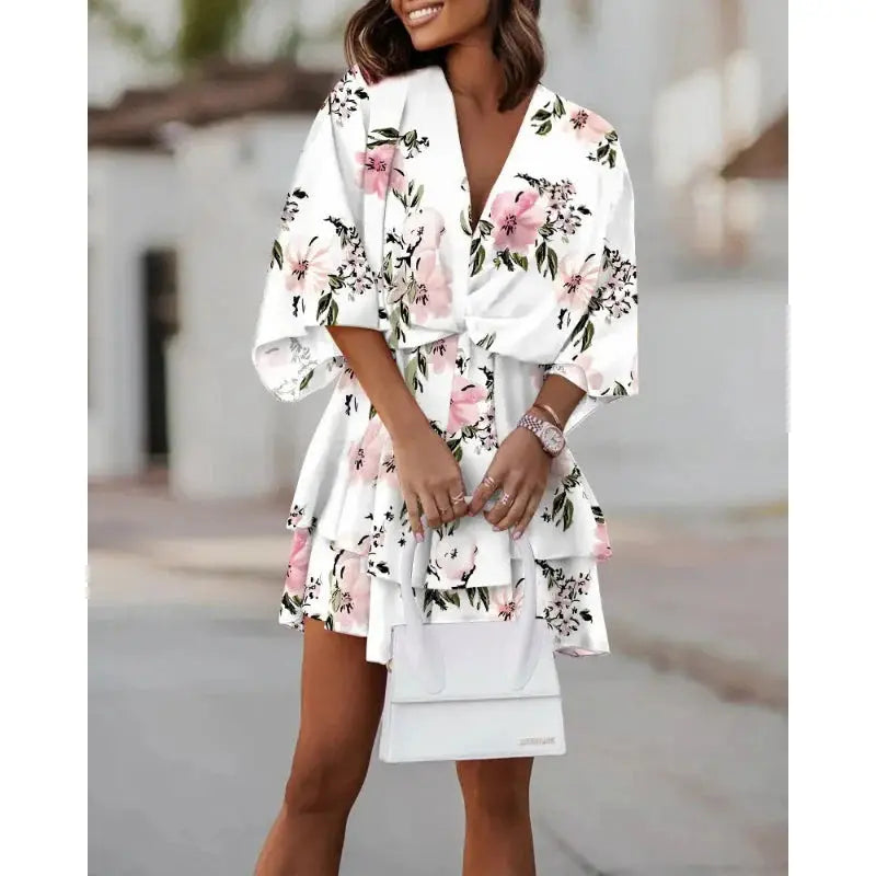 Fashion Print V-Neck Doll Sleeve Loose Cake Dress null