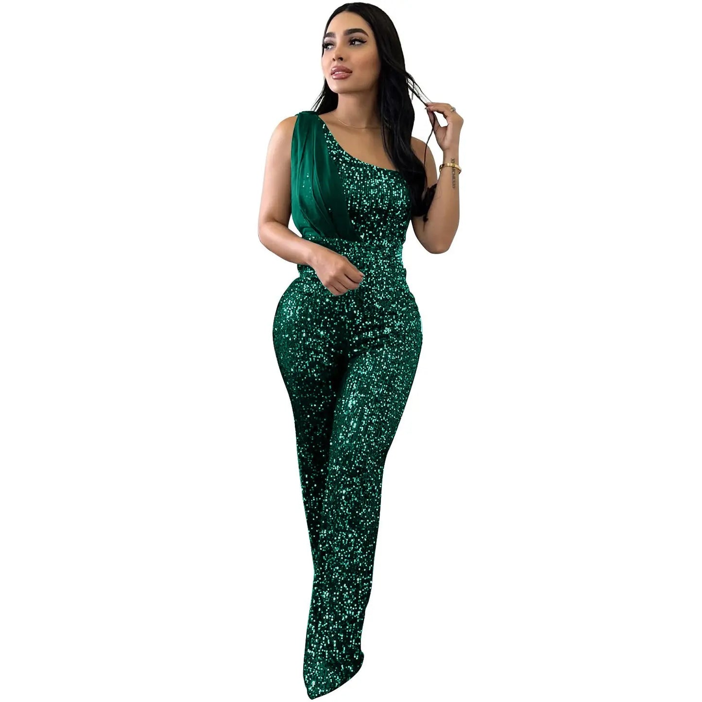 Women's Solid Color Sleeveless One-shoulder Sequined Trousers Jumpsuit null