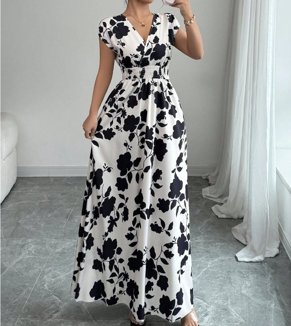 Short Sleeve Lace-up Dress Printed V-neck