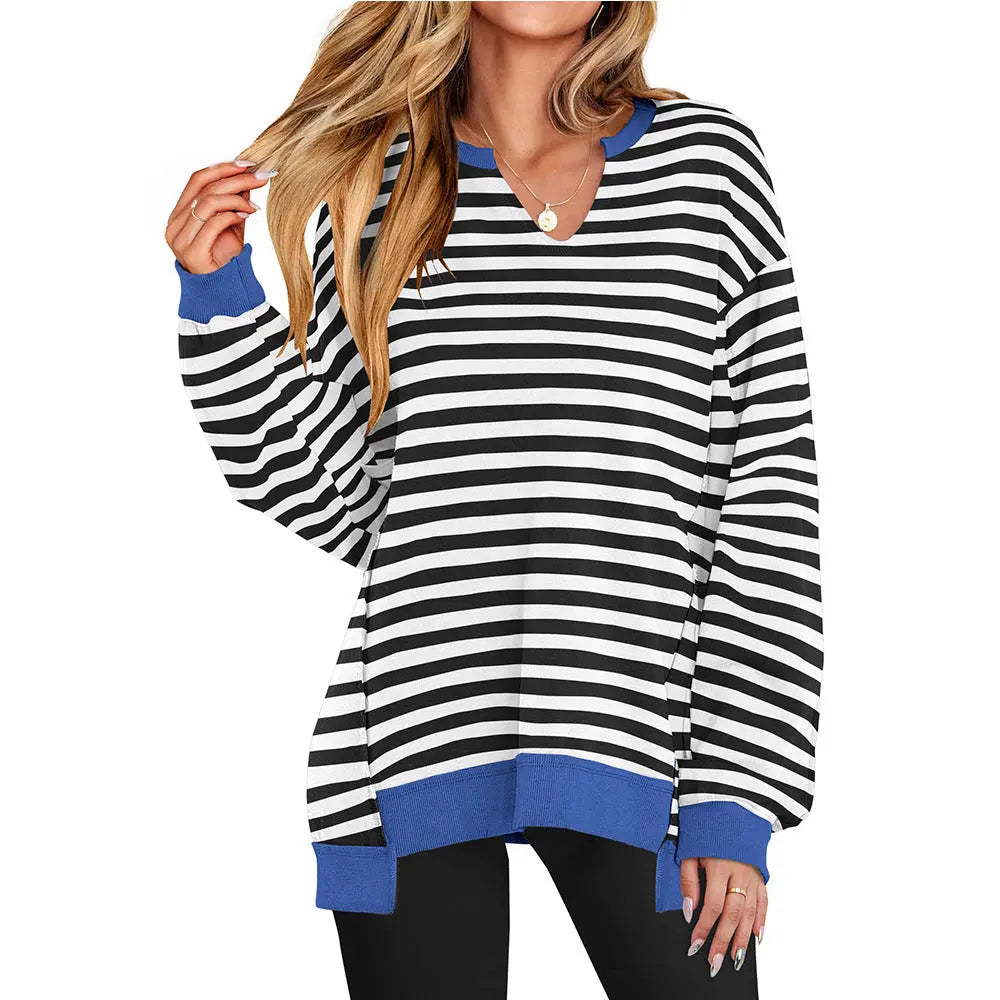 Colorful Striped V-neck Loose Sweatshirt Nipaaj