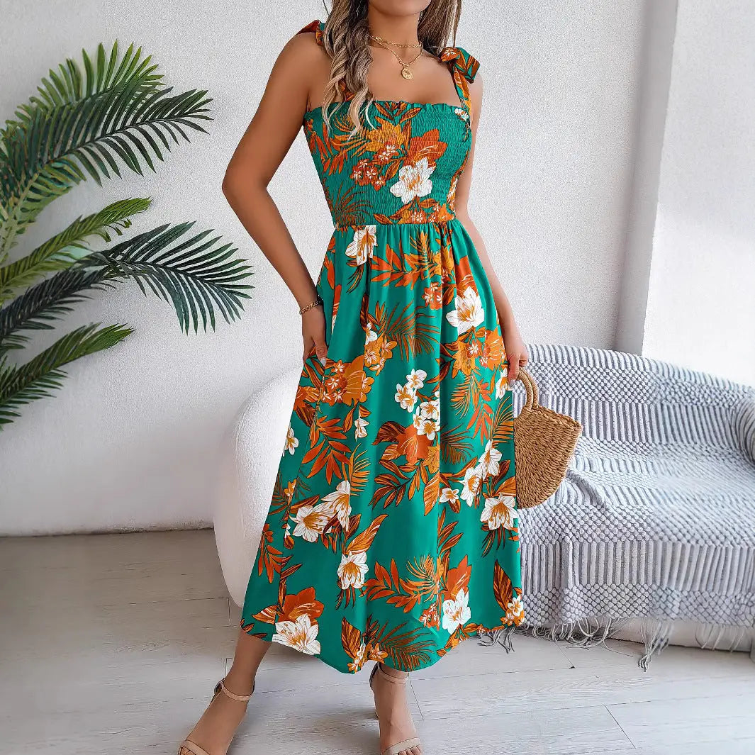 Flowers Print Suspender Corset Dress Ins Fashion Holiday Beach Long Dresses Summer Clothing For Women null