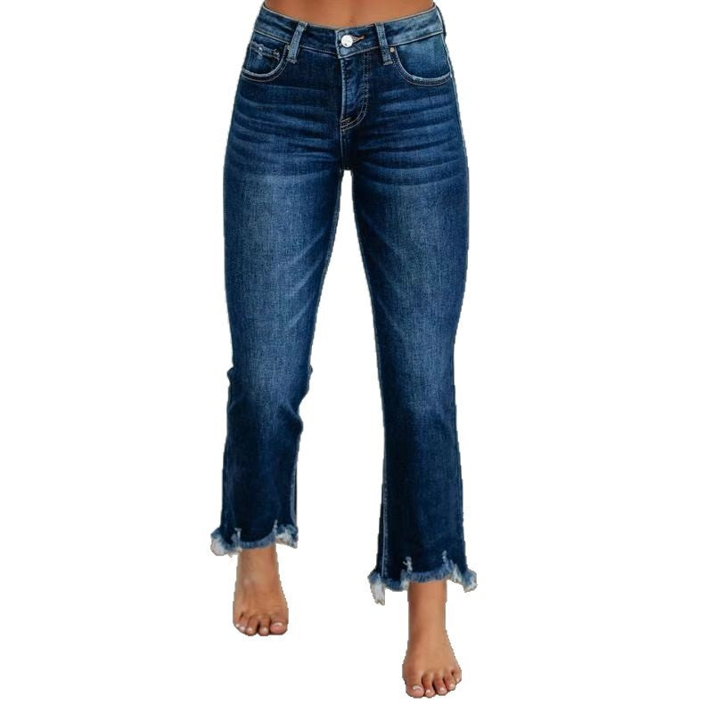 Solid Color Casual Women's Denim Pants Hand-worn