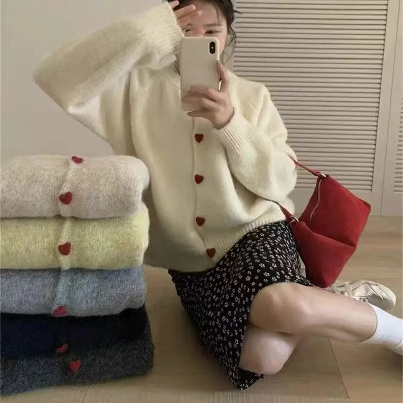 Round Neck All-matching Design Love Girl Buckle Knitted Cardigan Sweater Coat For Women Nipaaj