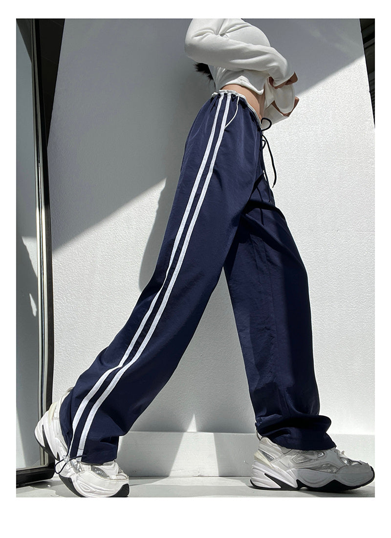 Ribbon Parallel Bars Contrast Color Loose Straight Slimming Draping Pants