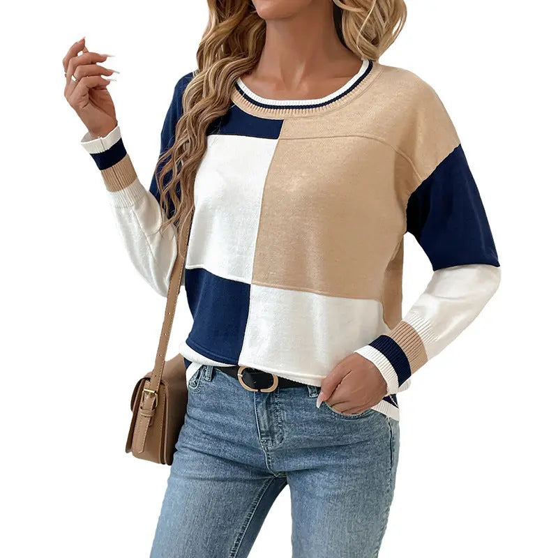 Casual Women's Round Neck Stitching Contrast Color Knitwear Nipaaj