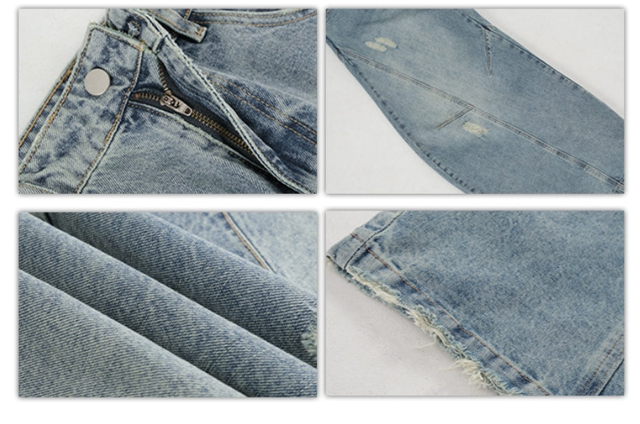 Distressed American Street Retro Deconstructed Machete Wide Leg Jeans