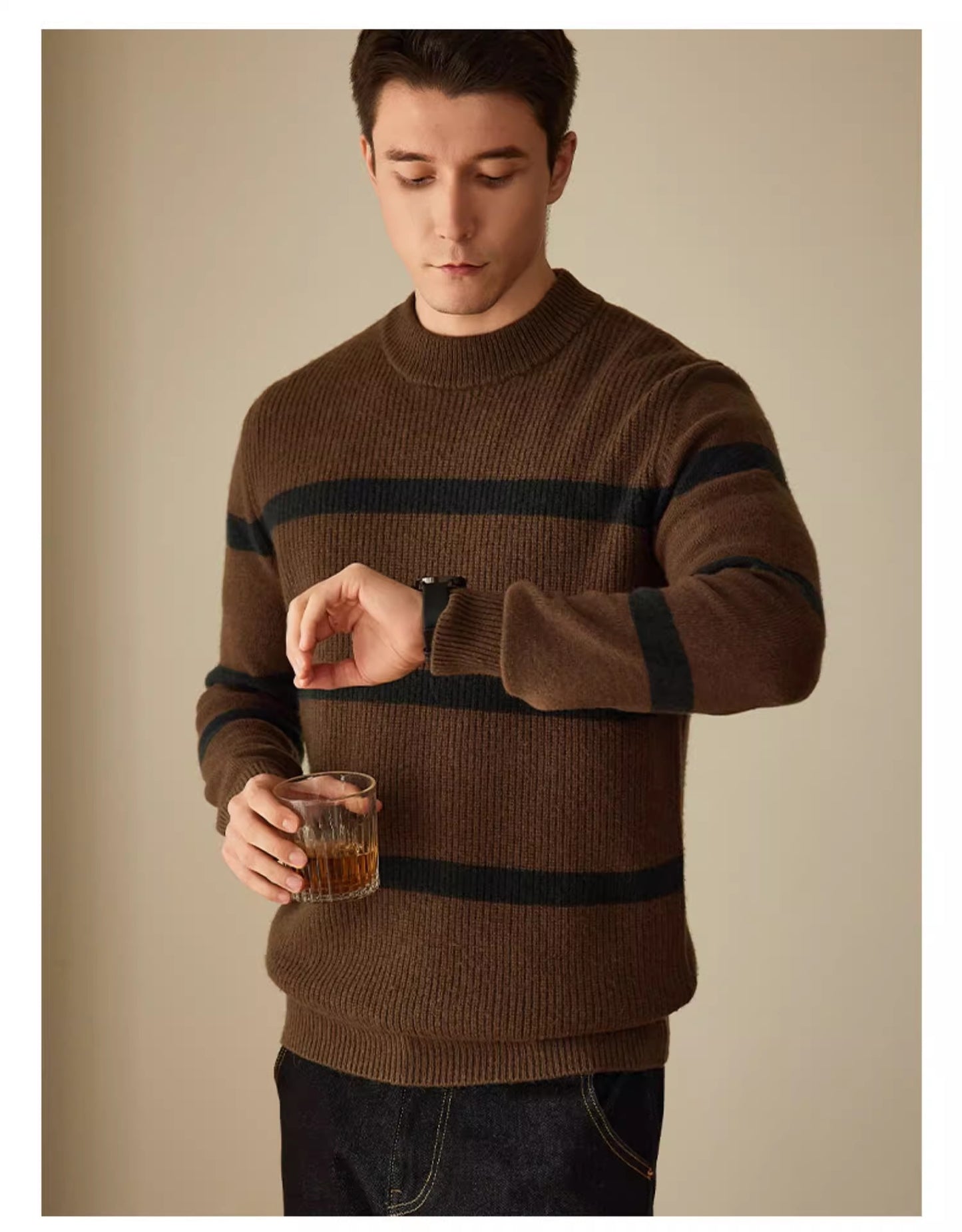 Pure Wool Men's Casual Striped Contrast Color Warm Sweater