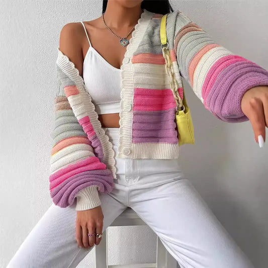 Knitted Cardigan Colorblock Sweater Coat Women's Rainbow Striped Lantern Sleeve Nipaaj