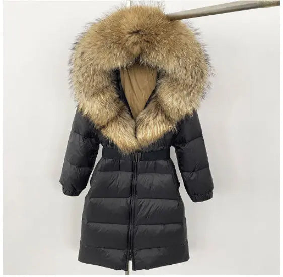Women's Long Cinched Hoodie Real Fox Fur Collar Coat null