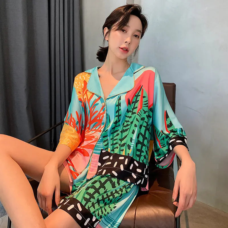 New Nightwear Women's Plant Print Pearl Button Silk Thin Style Nipaaj