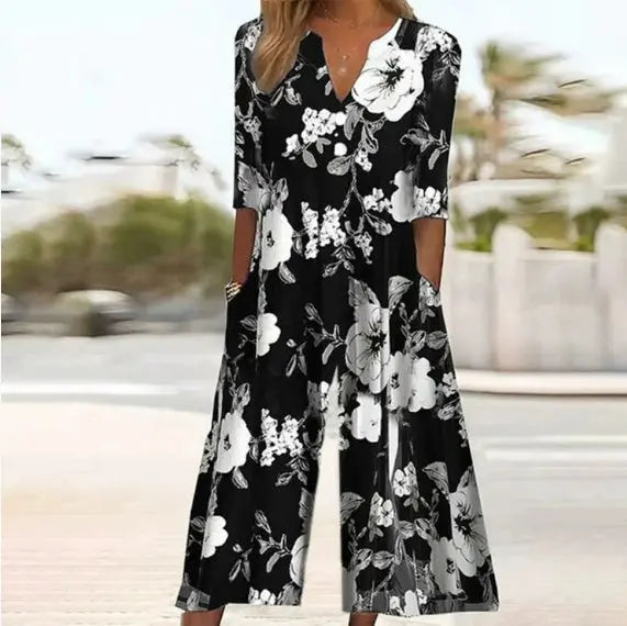 Spring And Summer Print Women's Pocket Collar Jumpsuit Nipaaj