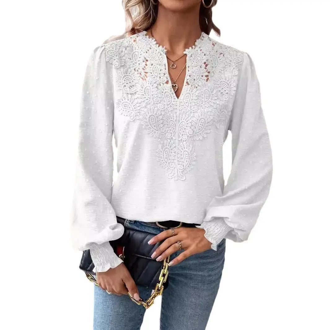 Lace Solid Color Long Sleeve Casual Women's Top Nipaaj