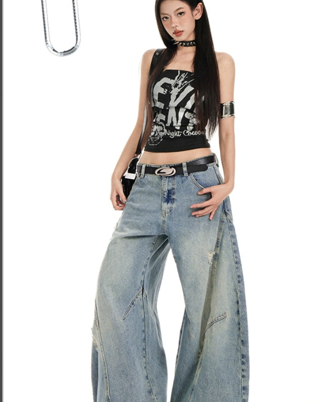 Distressed American Street Retro Deconstructed Machete Wide Leg Jeans