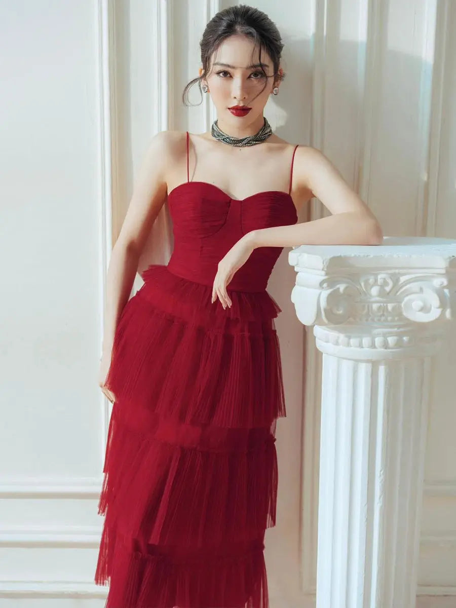 Suspender Spread Chest Temperament Dark Red Flowing Small Dress Long Skirt Nipaaj