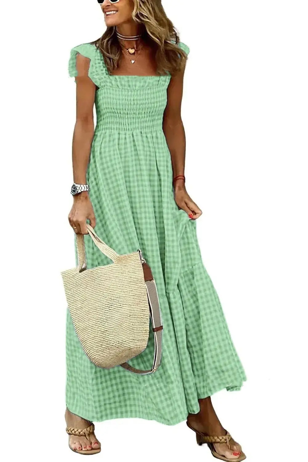 Summer Plaid Print Pleated Ruffle Dress INS Fashion Sleeveless A-line Swing Beach Dress Women's Clothing null