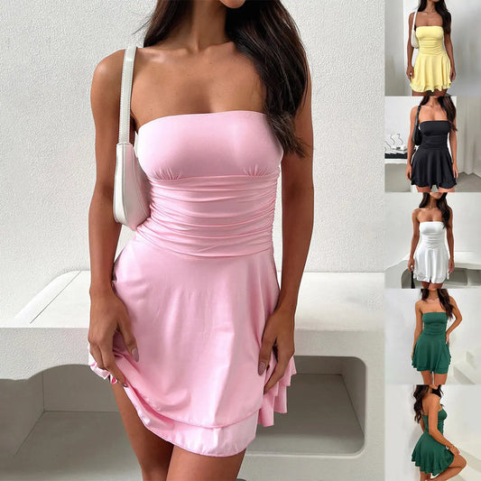Y2K Tube-top Short Dress Summer Sexy Pleated Tight Dresses For Womens Clothing null