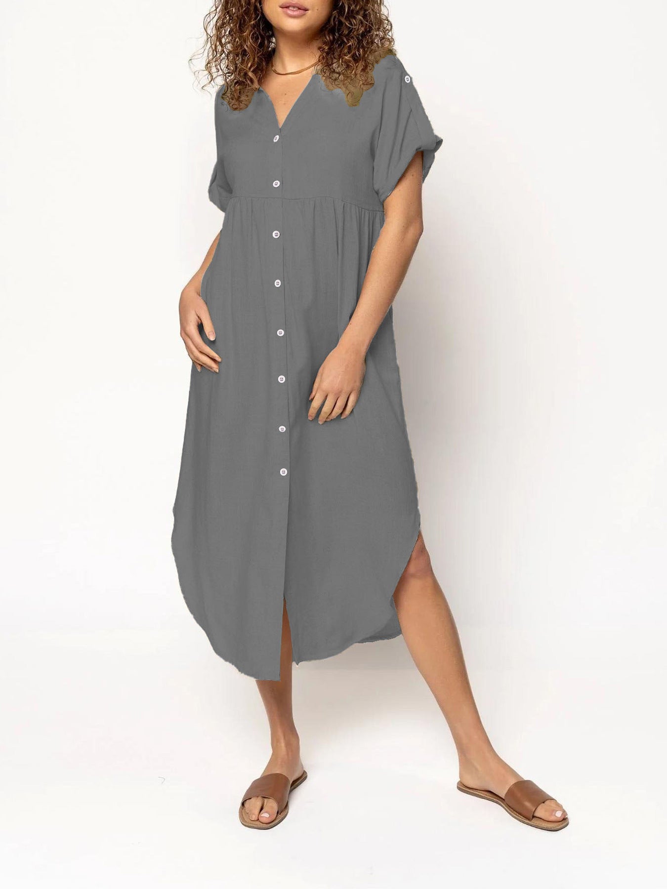Loose Temperament Casual Solid Color Buttons Mid-length Dress