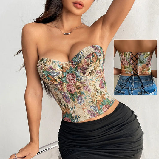 Y2K Floral Print Tube Vest Top With Back-tied Design INS Fashion Crop Corset Tank For Women Clothing null