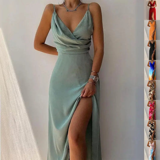 V-neck Slit Sling Dress Summer Fashion Sexy Slim Suspender Dresses For Women Clothing null