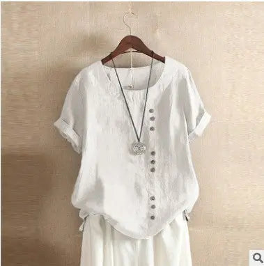 Retro Plus Size Casual Loose Cotton And Linen Short-sleeved Pullover T-shirt Nipaaj