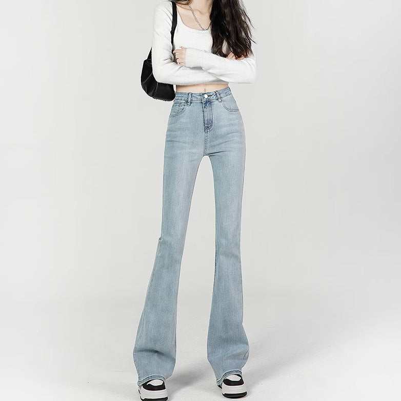 Light Blue Slightly Flared High Waist Slimming Mopping Jeans