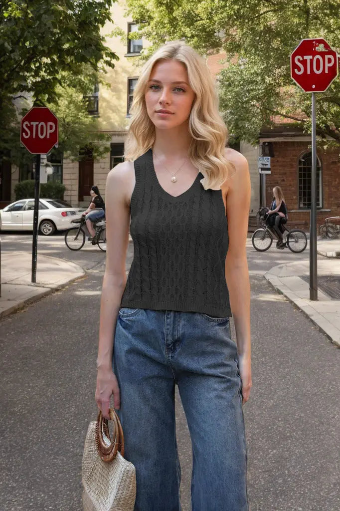 Women's V-neck Tank Vest Fashion Casual Knitted Solid Color Tops null