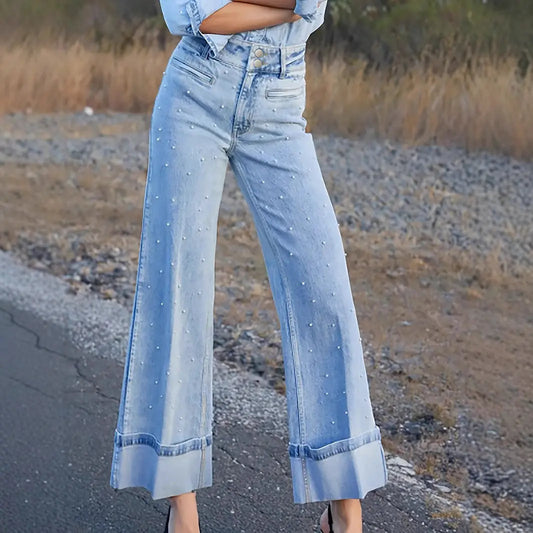 European And American High Waist Beaded Stretch Curling Jeans Wide Leg Nipaaj