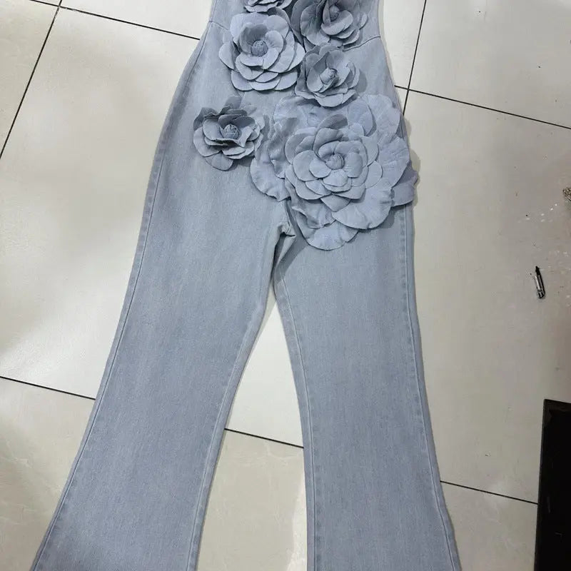 Three-dimensional Flowers Washed And Worn Slightly Cut Tube Top Jumpsuit null