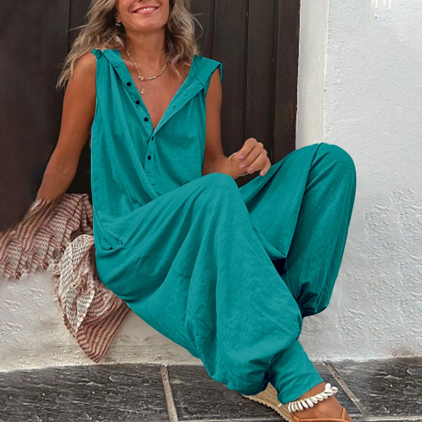 Hot Selling Button Up Hooded Sleeveless Pants In Stock, Jumpsuit With Pockets null