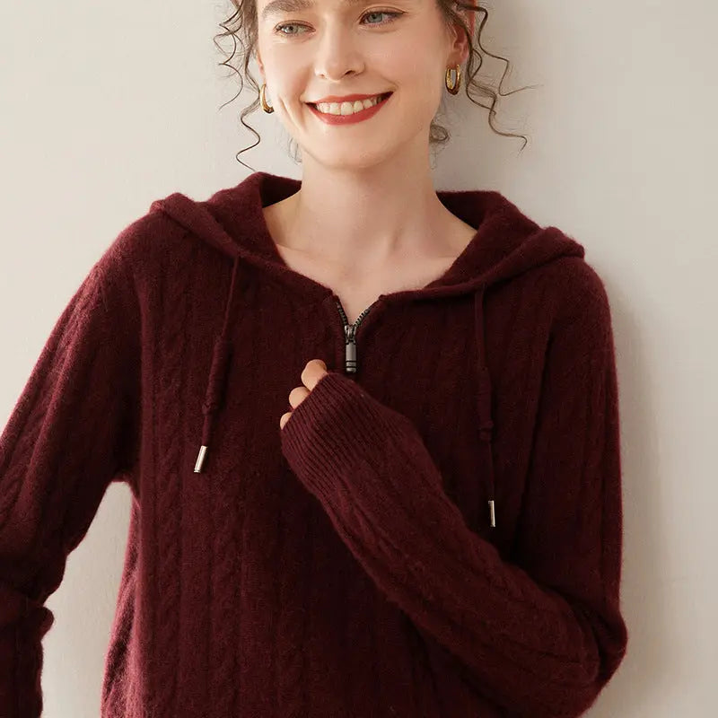 Cashmere Sweater Women's Hooded Twist Half-open Collar Sweater Nipaaj