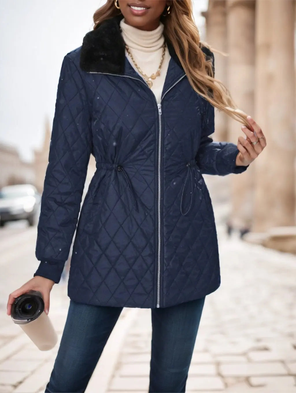 Casual Winter Clothes Contrast-Color Fur Collar Drawstring Waist Padded Padded Coat null