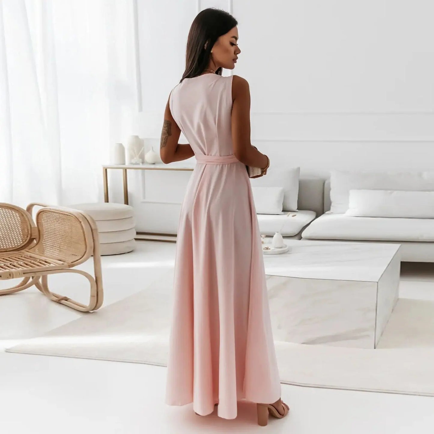 V-neck Sleeveless Dress With Belt Summer Fashion Party Club Evening Maxi Dresses For Women Clothing null