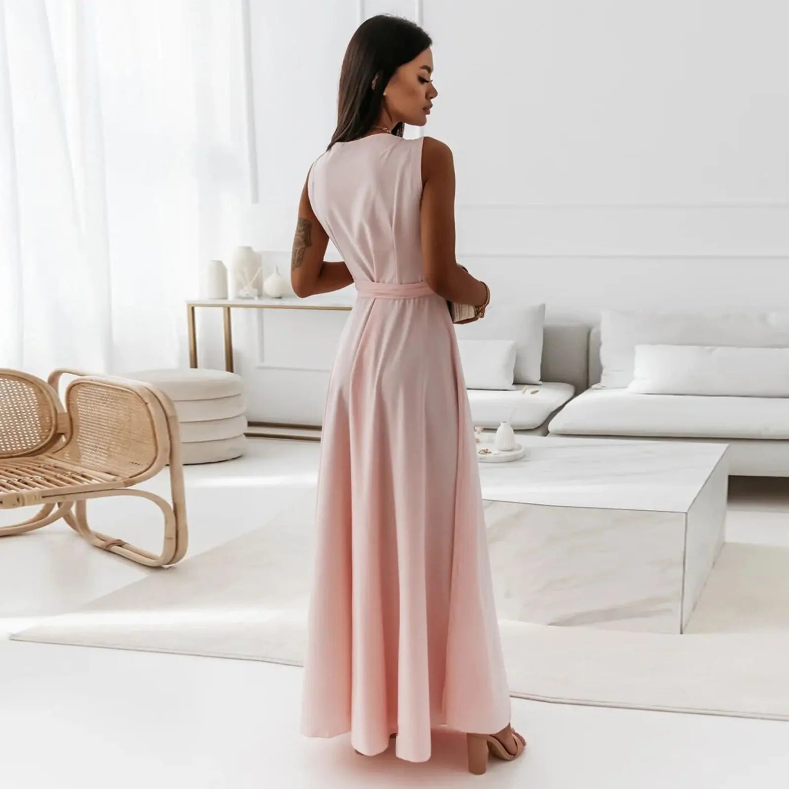 V-neck Sleeveless Dress With Belt Summer Fashion Party Club Evening Maxi Dresses For Women Clothing null