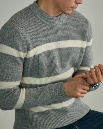 Pure Wool Men's Casual Striped Contrast Color Warm Sweater