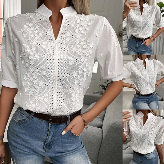 Women's Fashion V-neck Stand Collar Embroidery Lace Blouse Shirt Nipaaj