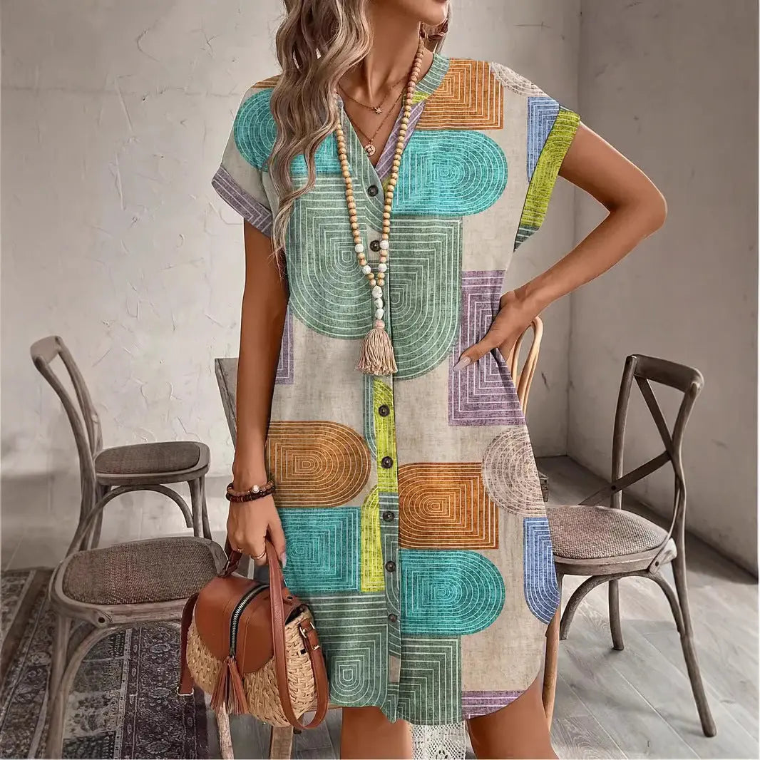 Printed Woven Elegant V-neck Button Dress null