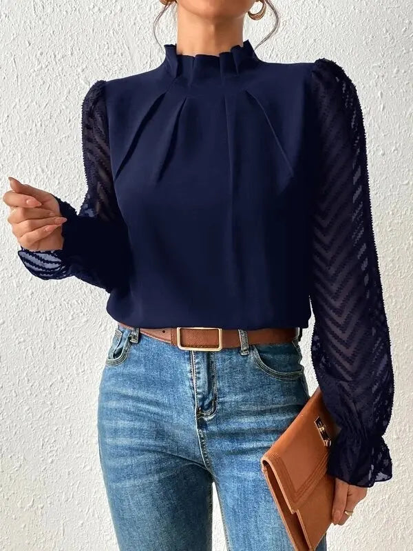 Women's Half-turtleneck Stitching Wavy Chiffon Long-sleeved Top Nipaaj