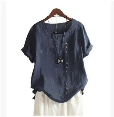 Retro Plus Size Casual Loose Cotton And Linen Short-sleeved Pullover T-shirt Nipaaj