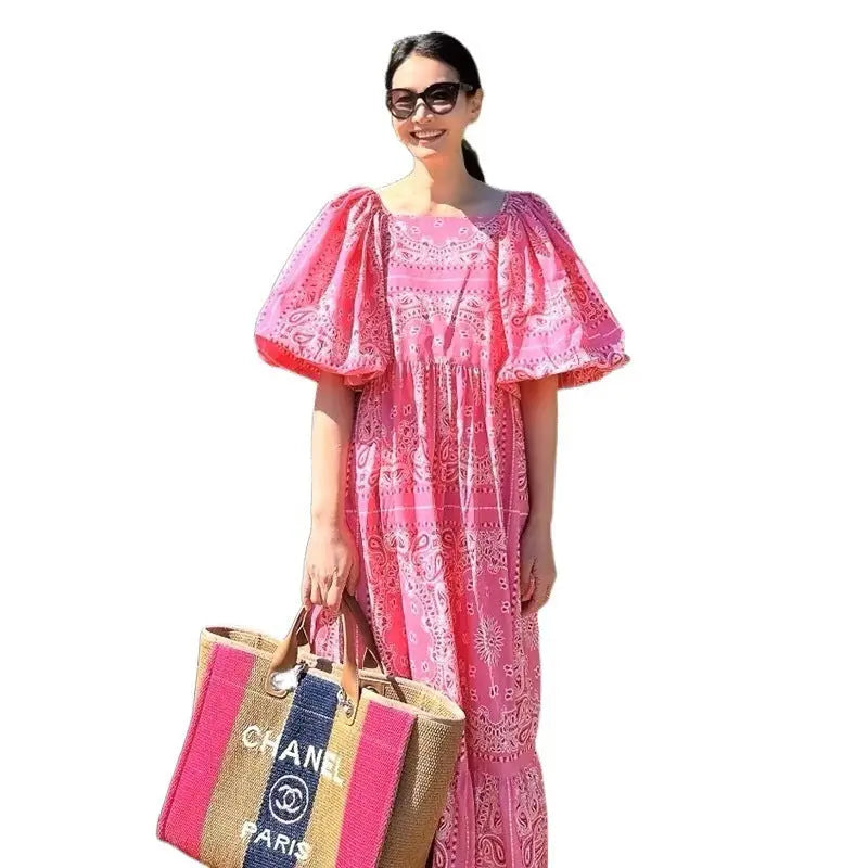 Printed Loose Casual Puff Sleeve Dress null