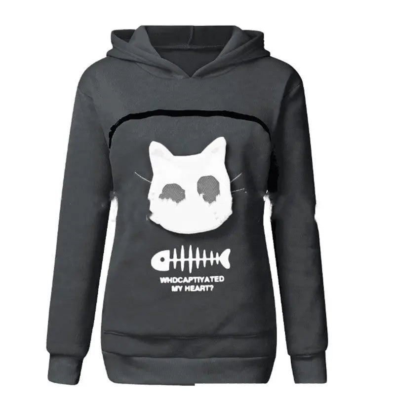 Women Hoodie Sweatshirt With Cat Pet Pocket Design Long Sleeve Sweater Cat Outfit Nipaaj