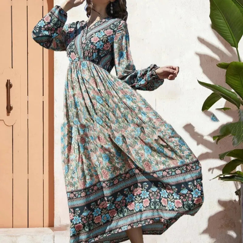Rayon Long Sleeve Bohemian Dress Vacation Beach Large Swing Dress Nipaaj