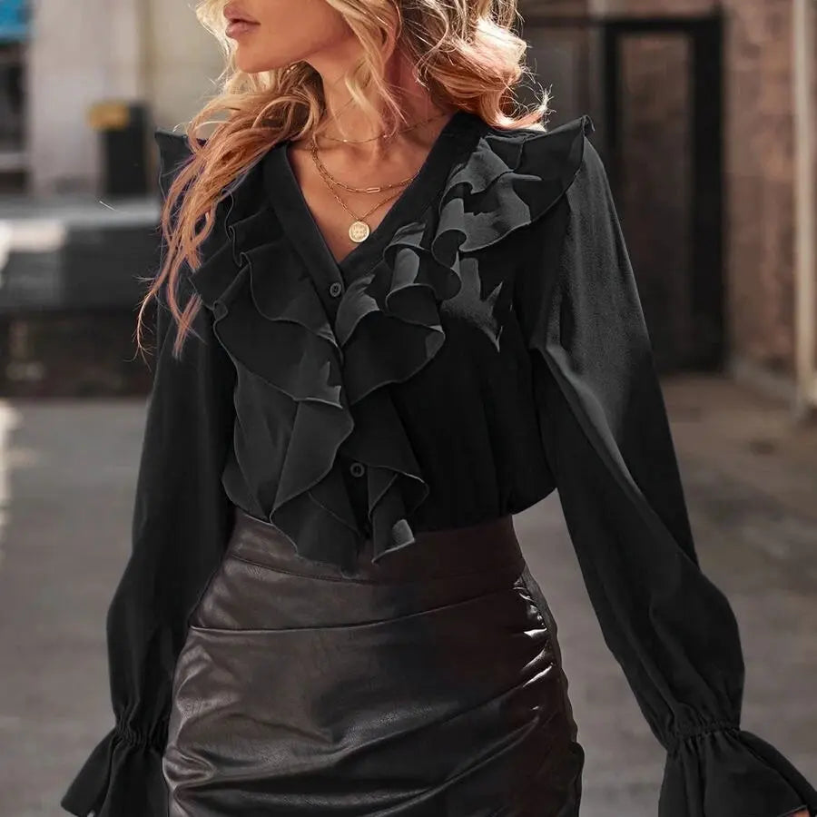 Women's V-neck Flounce Temperament Shirt Nipaaj