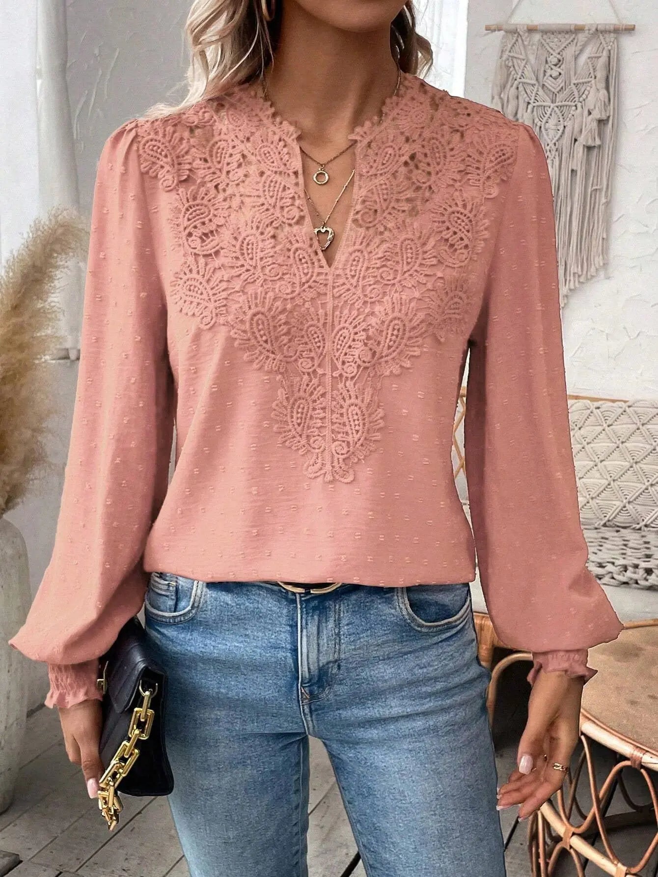 Lace Solid Color Long Sleeve Casual Women's Top Nipaaj