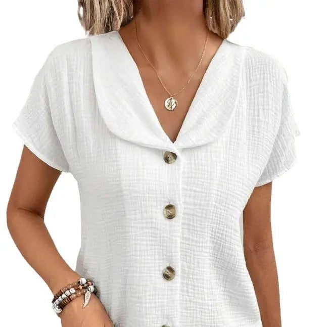 Summer Solid Color Fashion Short-sleeved Cardigan Button Women's Top Nipaaj