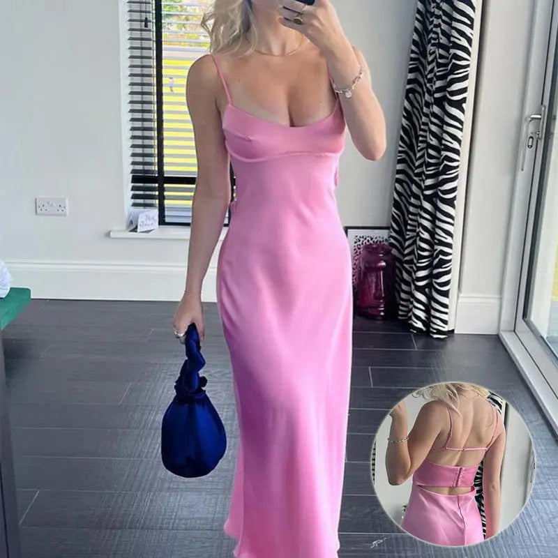 Women Camis Satin Long Dresses Elegant Sleeveless Slip Holiday Party Dresses Sexy Casual Backless Summer Dresses null
